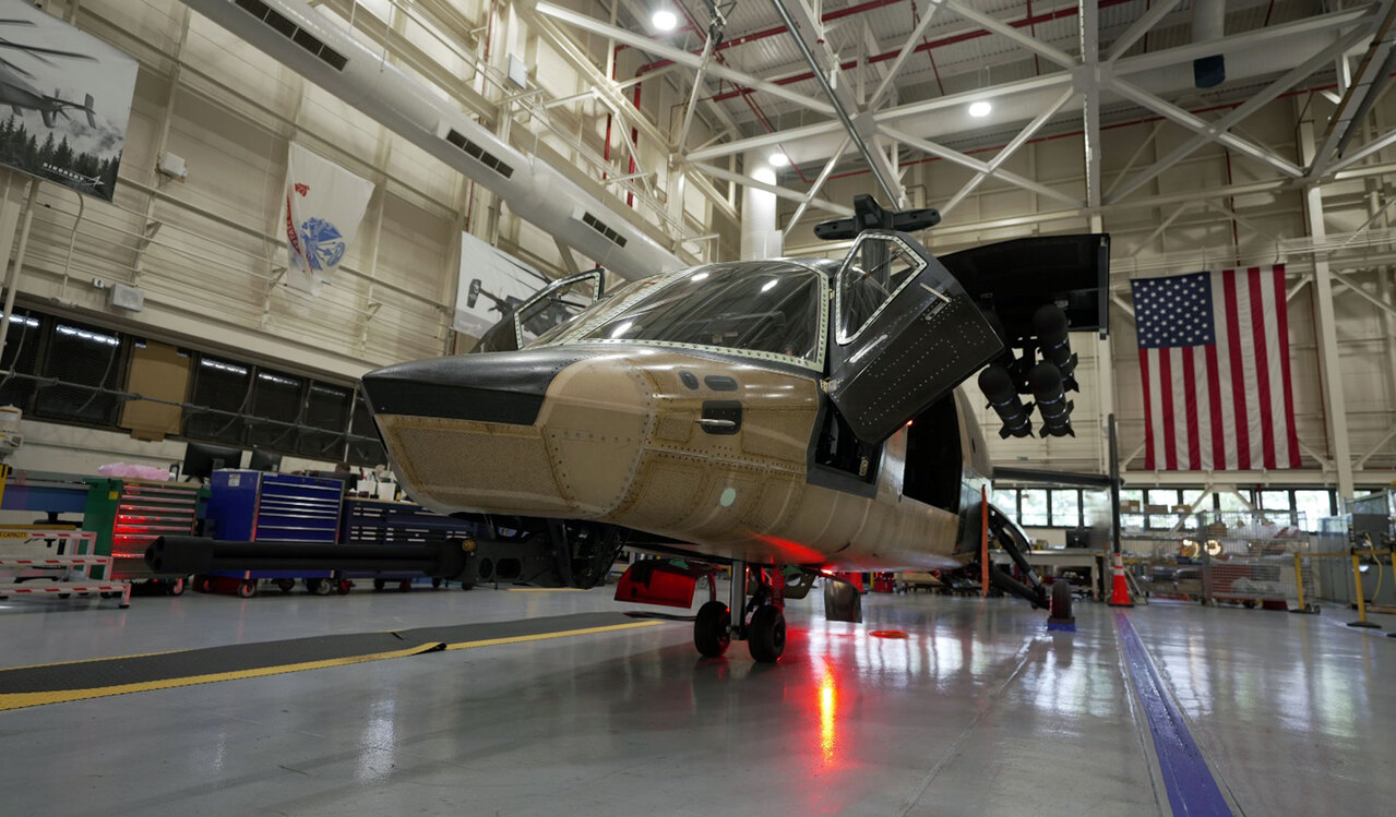 The Sikorsky Raider X prototype helicopter in the hangar.