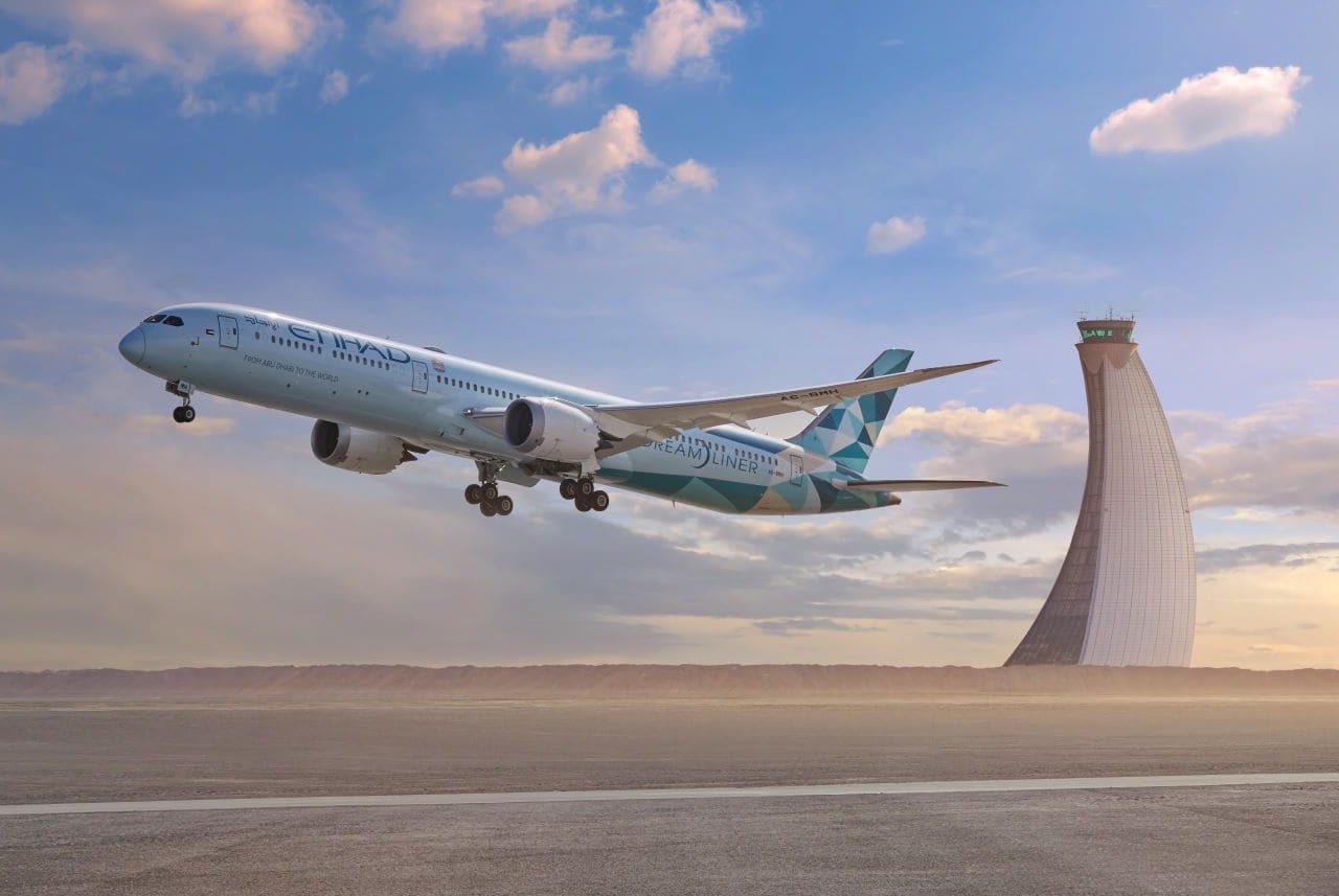 Rendering of an Etihad Airways SAF powered aircraft taking off.