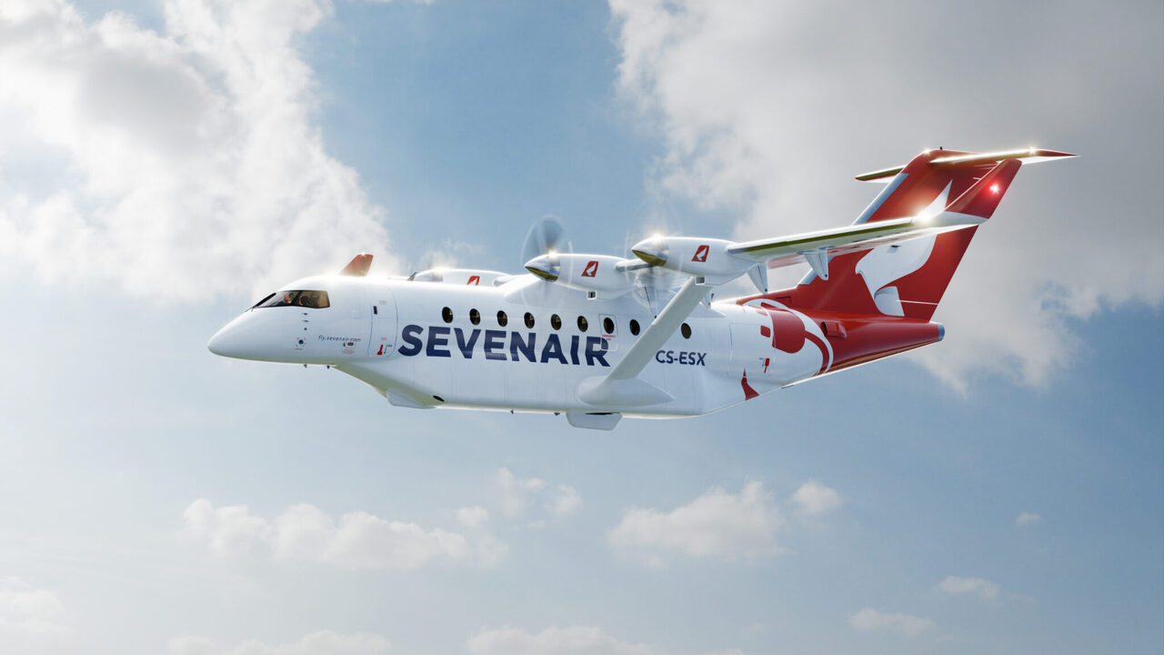 A render of a Heart Aerospace aircraft flying in Sevenair livery.