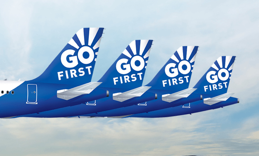 Tailplanes of Go First aircraft, displaying airline logo