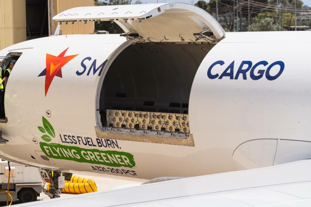 A SmartLynx Airlines cargo freighter aircraft with side access hatch open.