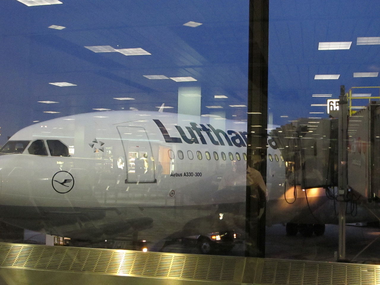 A Lufthansa Airbus at the gate in New York JFK airport.