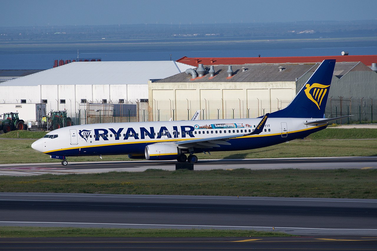 A Ryanair Boeing 737 parked at Lanzarote airport.