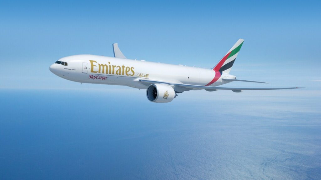 An Emirates SkyCargo freighter in flight.