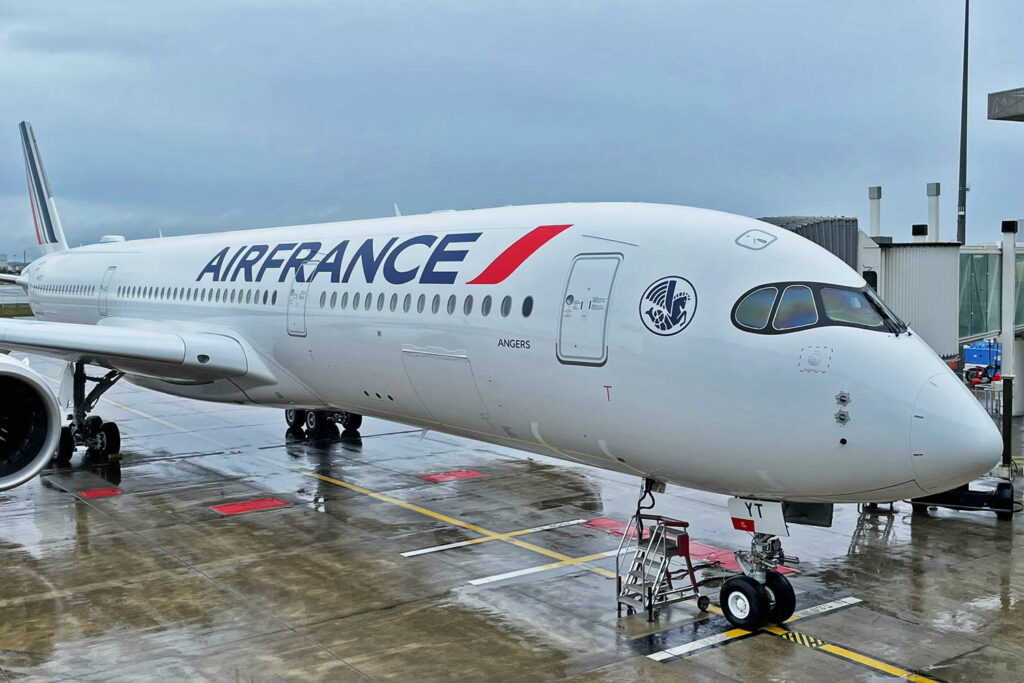 The new Air France Airbus A350 at the terminal.