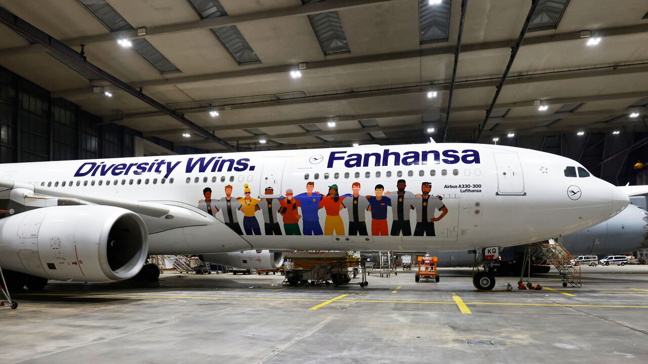 The customised Lufthansa A330 'Fanhansa' in the hangar.