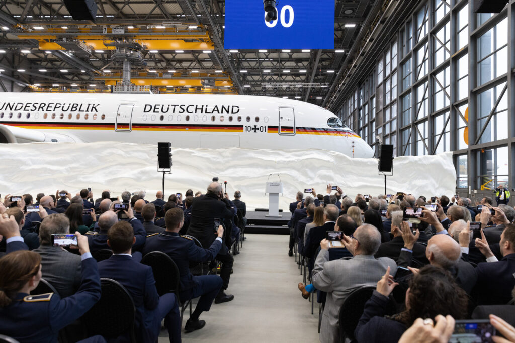 Airbus A350 'Konrad Adenauer' at the christening ceremony held by Lufthansa Technik and German Armed Forces. 