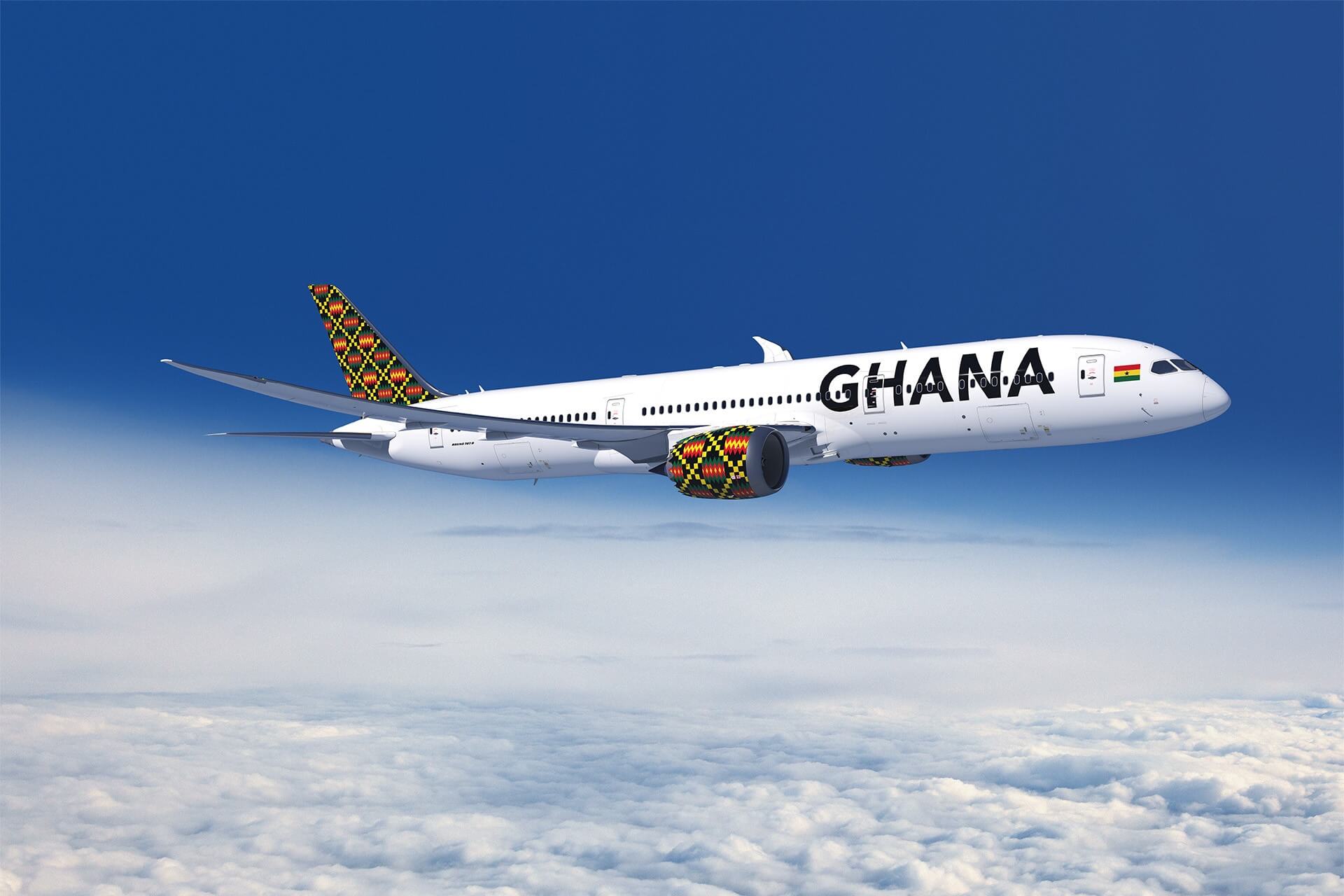 A render of a GhanaAirlines Boeing Dreamliner in flight.