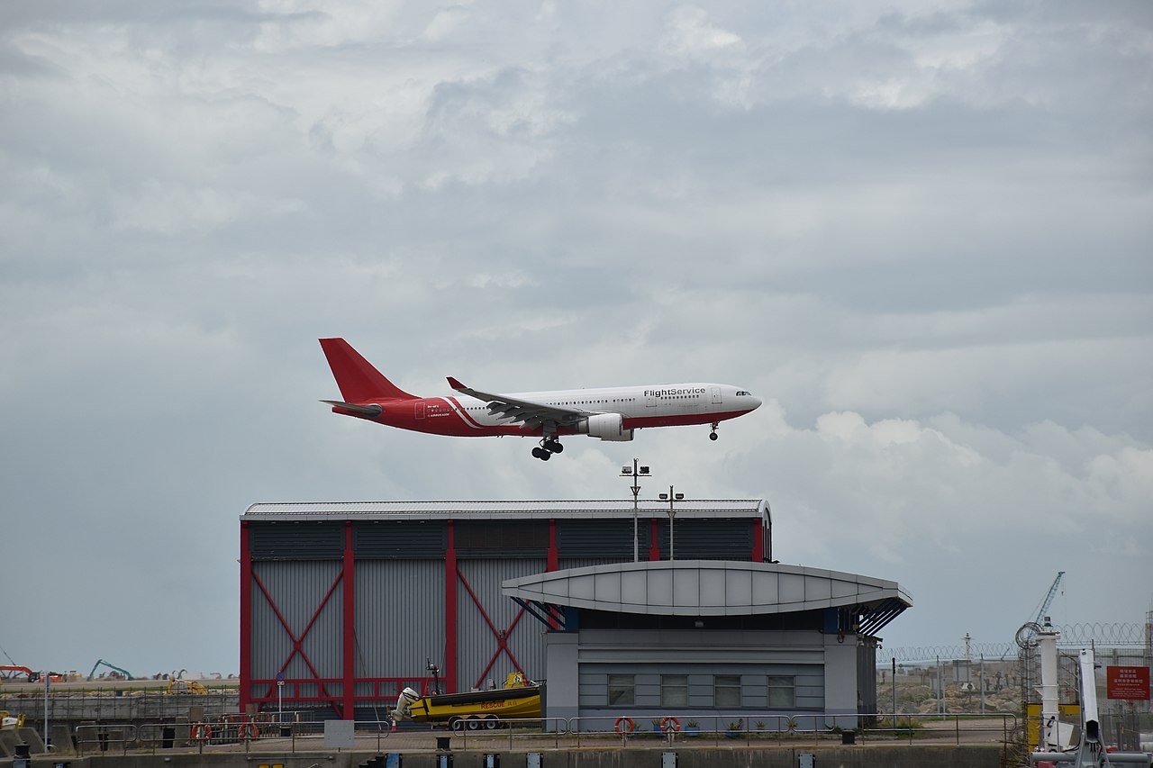 A Maleth-Aero flight lands in Hong Kong.