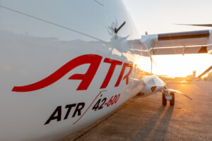 A close-up of the fuselage of an ATR 42-600 aircraft