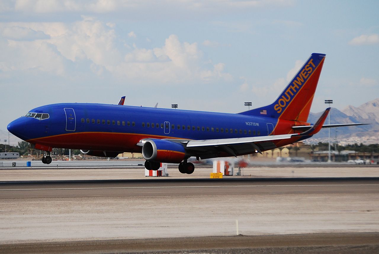 A Southwest Airlines Boeing touches down.
