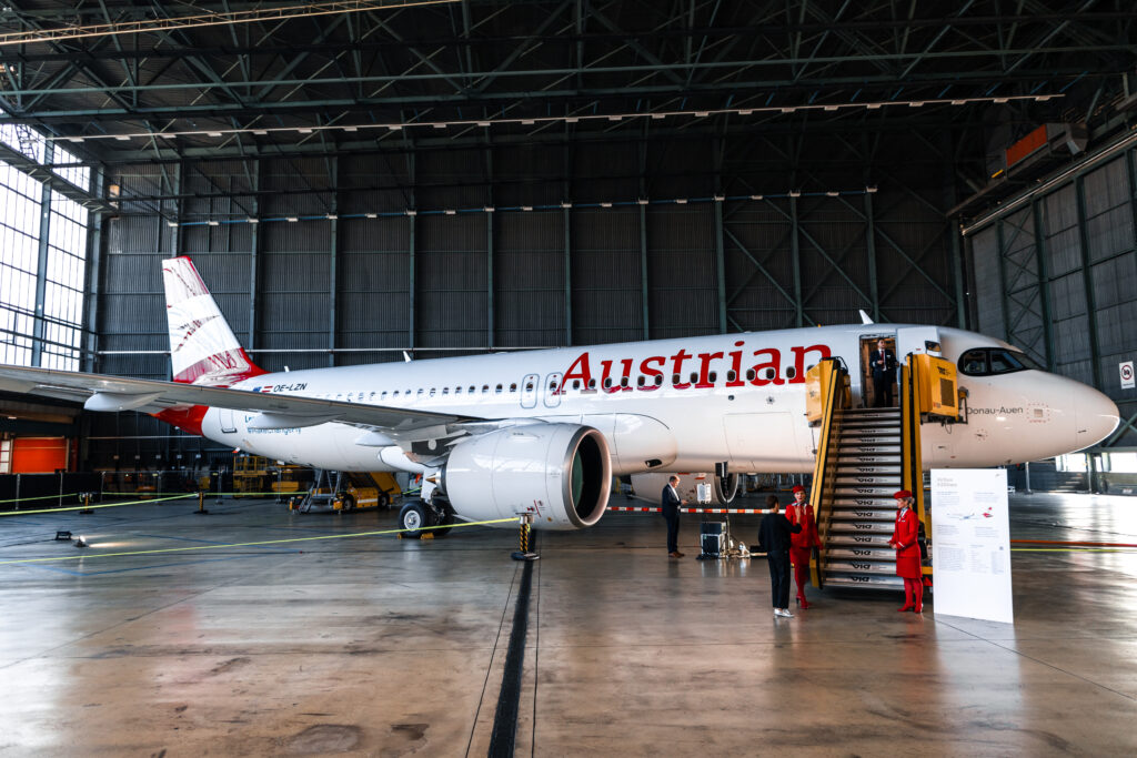 The new Australian Airlines Airbus A320neo parked in a hangar.