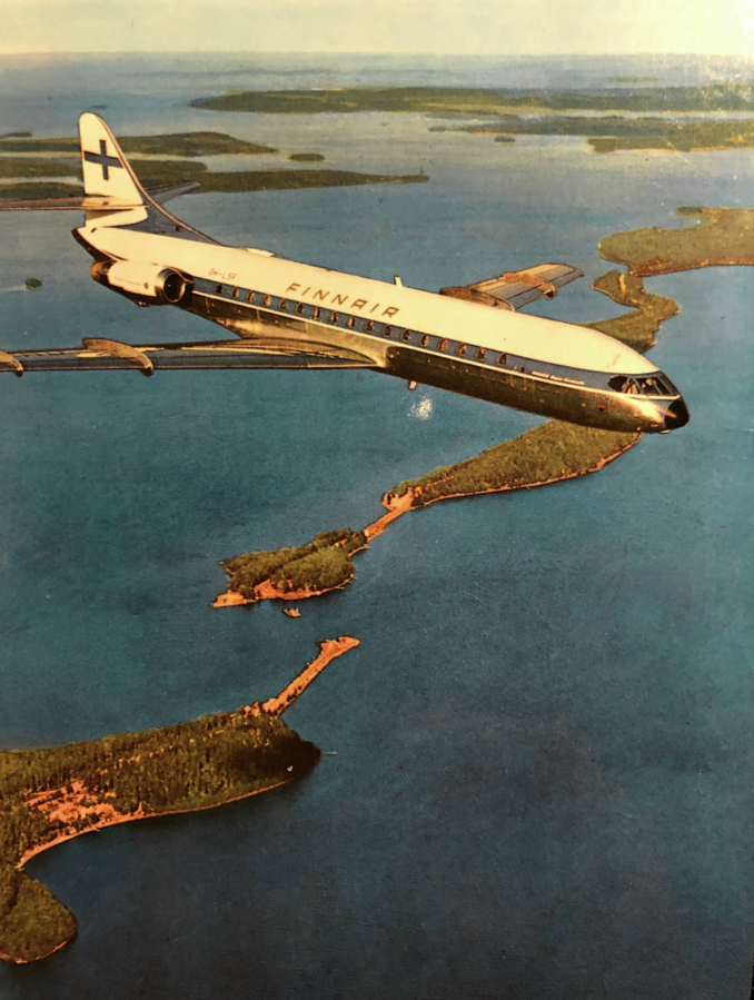 Finland flag carrier Finnair Sud Caravelle aircraft in flight circa 1965.