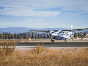 The Ampaire Eco Caravan takes off on its test flight.