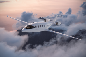 A render of the Eviation Alice electric aircraft flying above clouds.