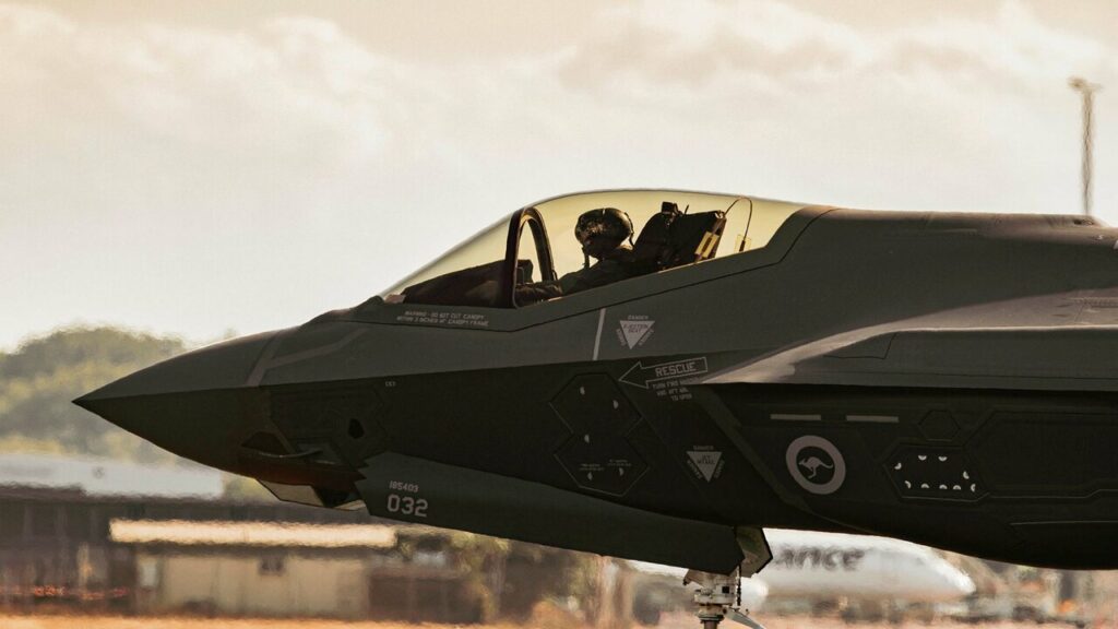 Close-up of an RAAF F35-A fighter taxiing during Exercise Rogue Ambush 22-1