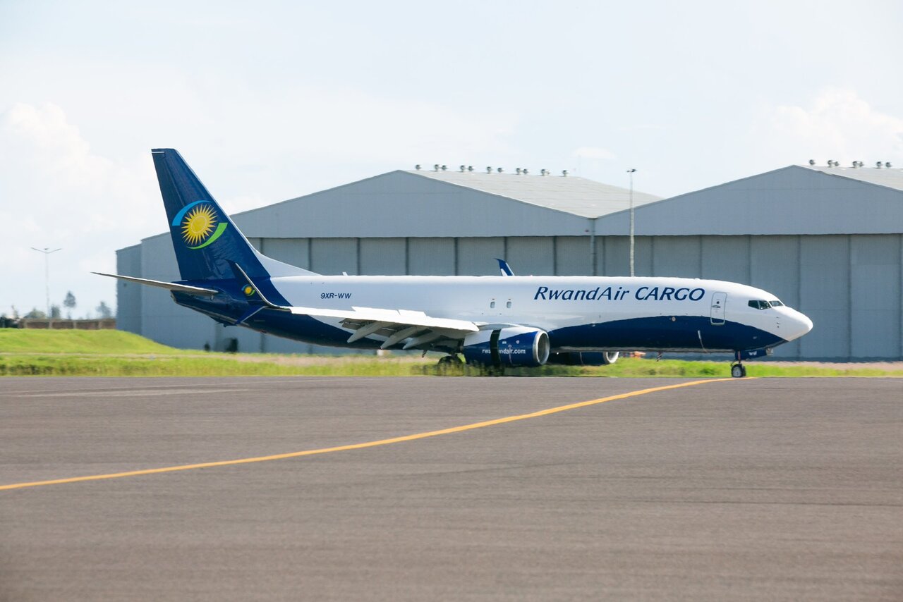 The Rwandair cargo freighter on the taxiway.