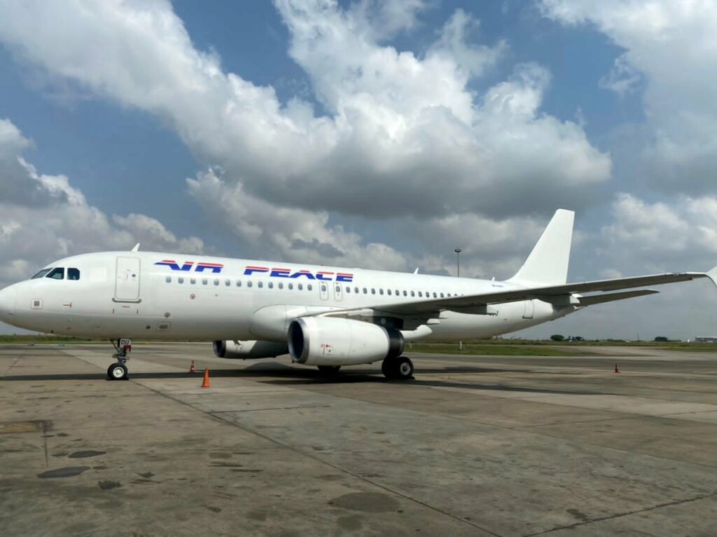 A new Air Peace Airbus A320 on the tarmac.