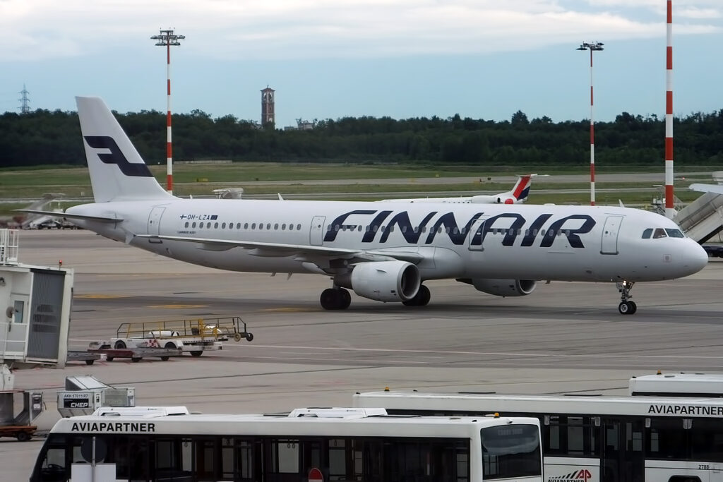 A Finnair Airbus A321 parked on the tarmac.