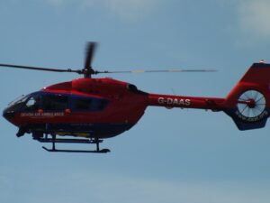 A Devon Air Ambulance Eurocopter in flight.