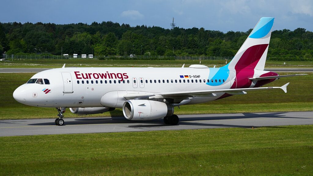 A Eurowings Airbus A319 lines up on the runway.