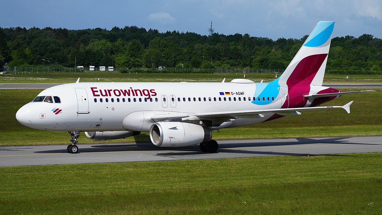 A Eurowings Airbus A319 lines up on the runway.