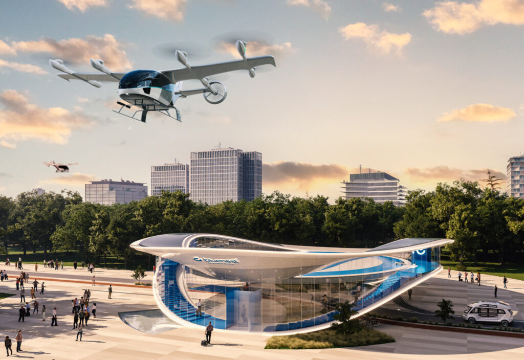 Render of Eve Air Mobility eVTOL and Bluenest vertiport facility.