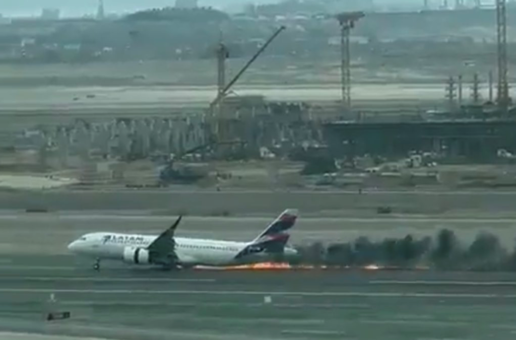 A LATAM Airlines Airbus on fire after hitting a fire truck on takeoff.