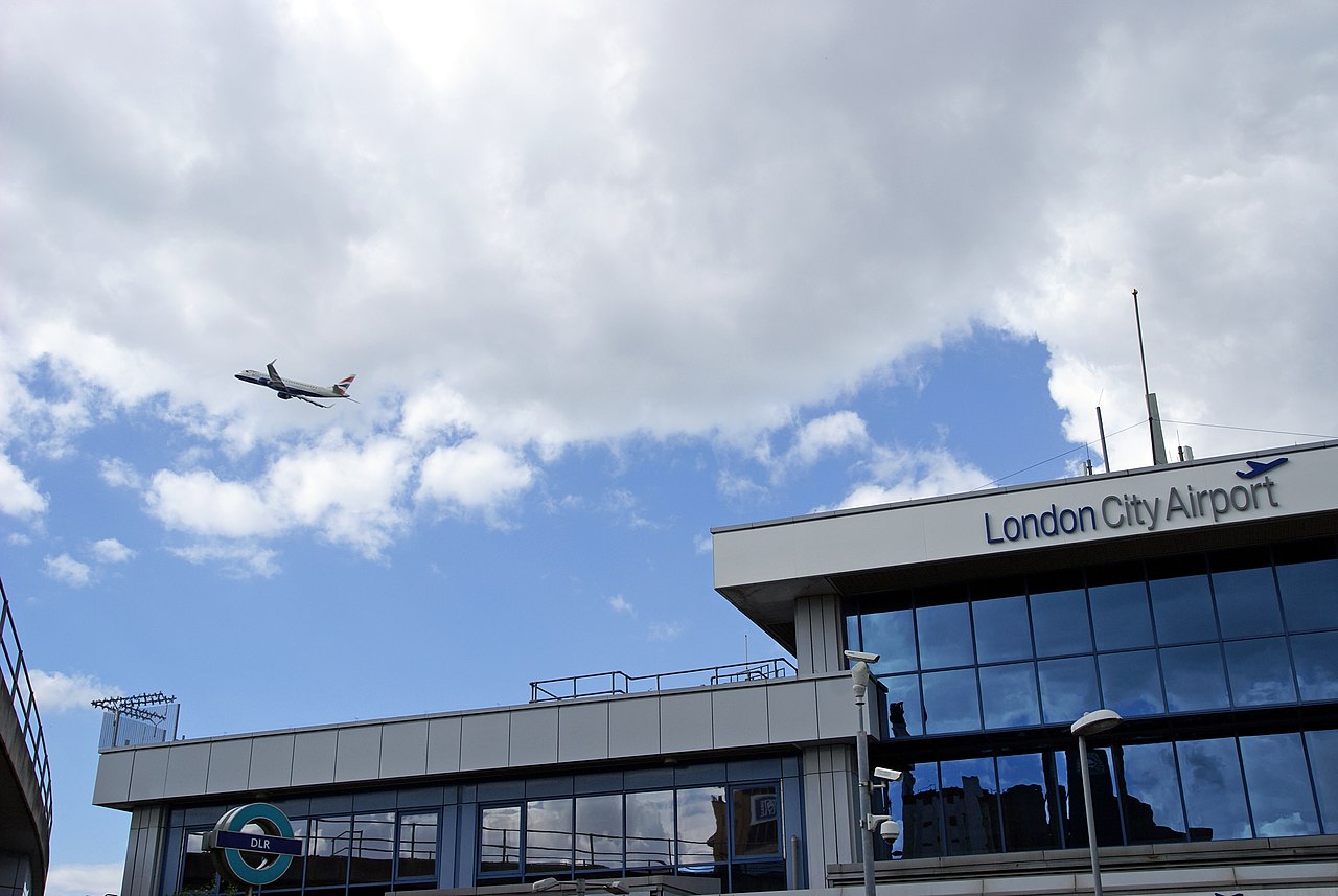 The frontage of the London City Airport building.