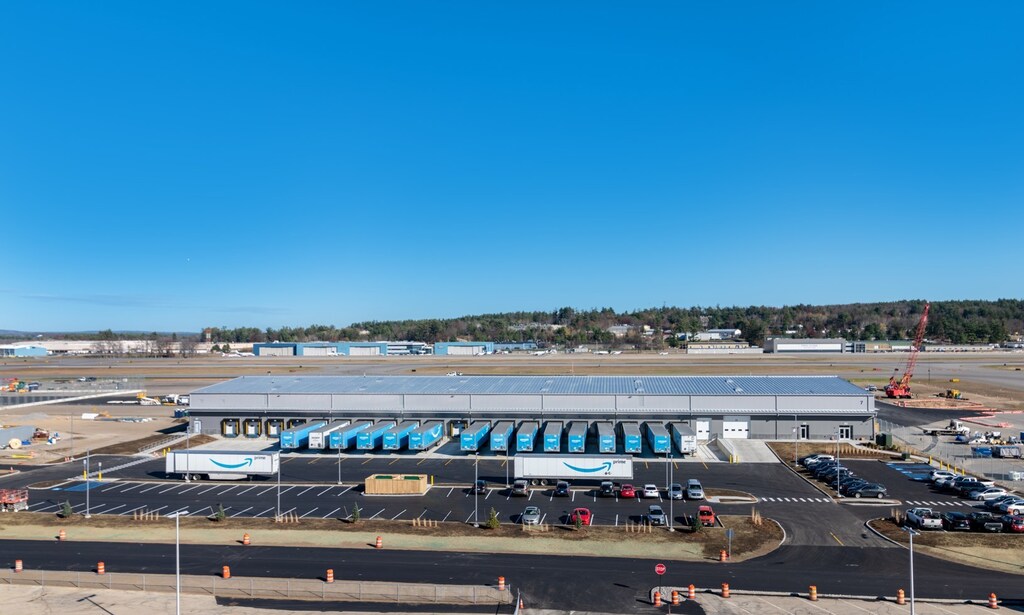 Exterior view of Amazon Air's new cargo facility at Manchester-Boston Regional Airport.