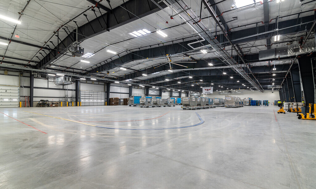 Interior of Amazon Air's new cargo facility at Manchester-Boston Regional Airport.