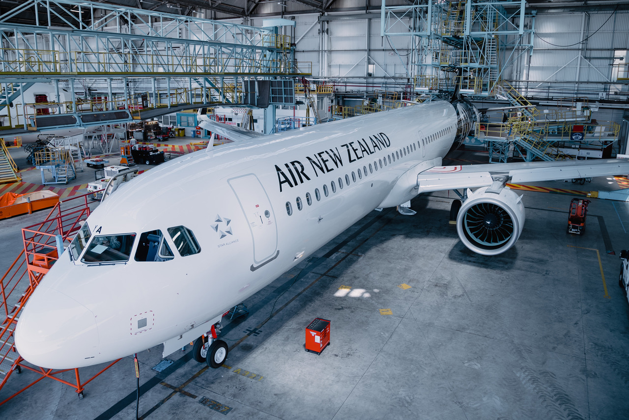 The new Air New Zealand Airbus in the hangar.