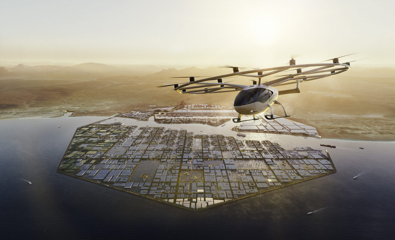A render of the Volocopter VeloCity eVTOL aircraft in flight.