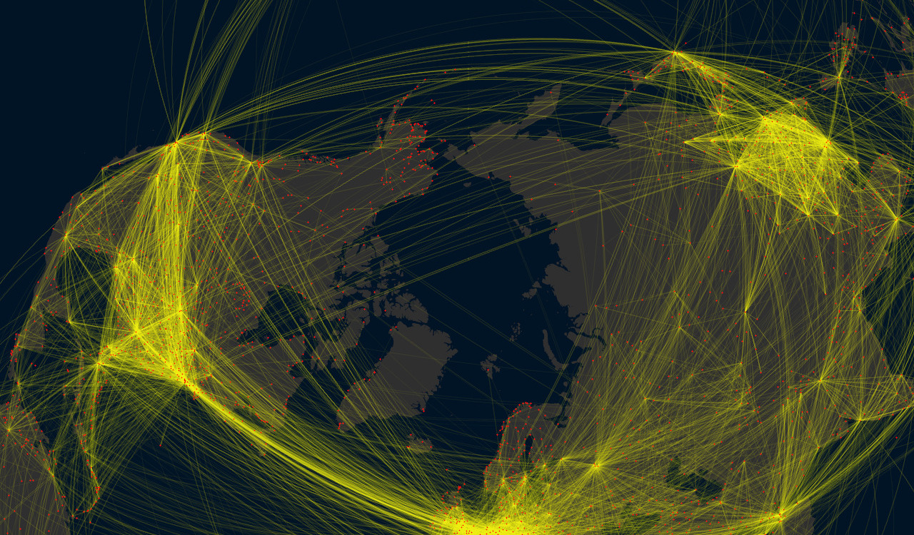 Graphic depiction of world air routes.
