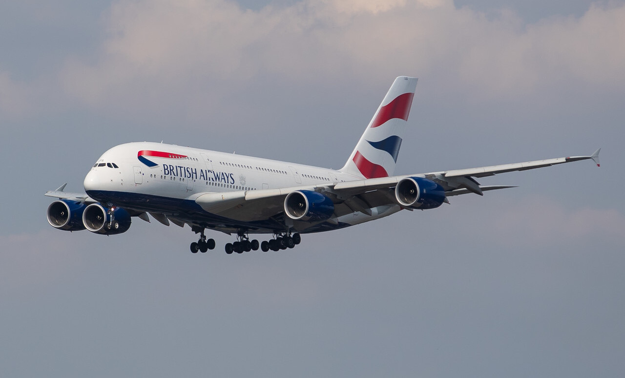 A British Airways A380 on approach to london.