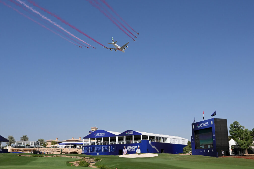 An Emirates A380 flies formation with the RAF Red Arrows at the GP World Tour Championship in Dubai.