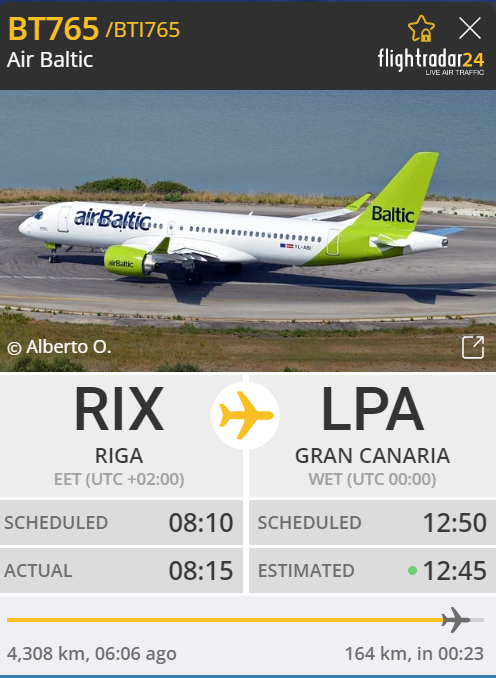 FlightRadar information on the first airBaltic flight to Gran Canaria.