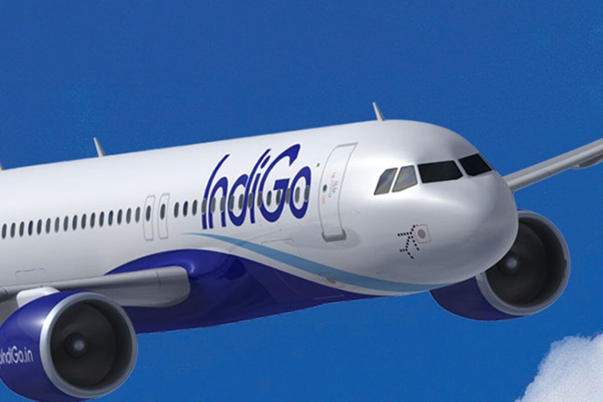 Close-up of an IndiGo airlines Airbus in flight.