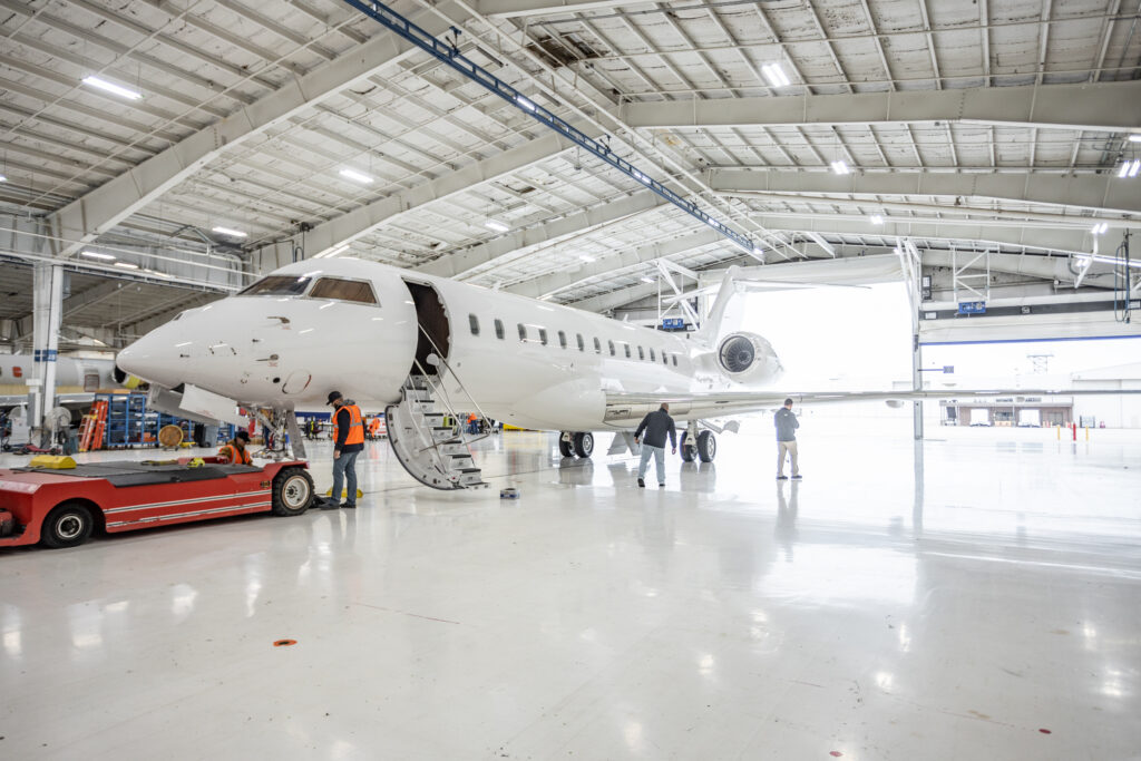 A Bombardier Global 6000 jet in the hangar ready for modification for the German Armed Forces