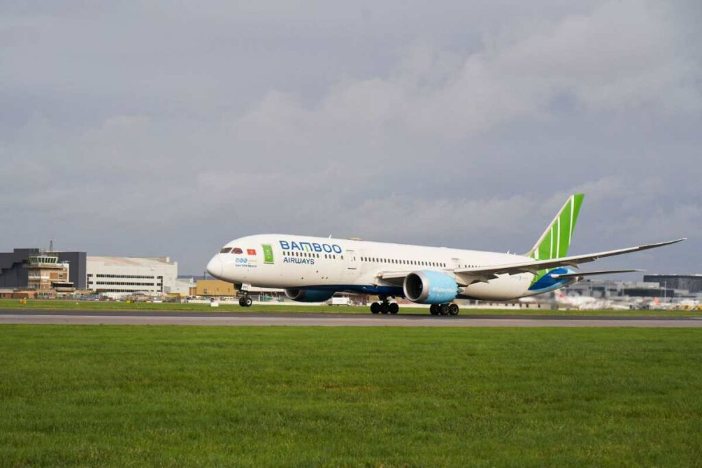 A Bamboo Airways flight touches down at London Gatwick Airport