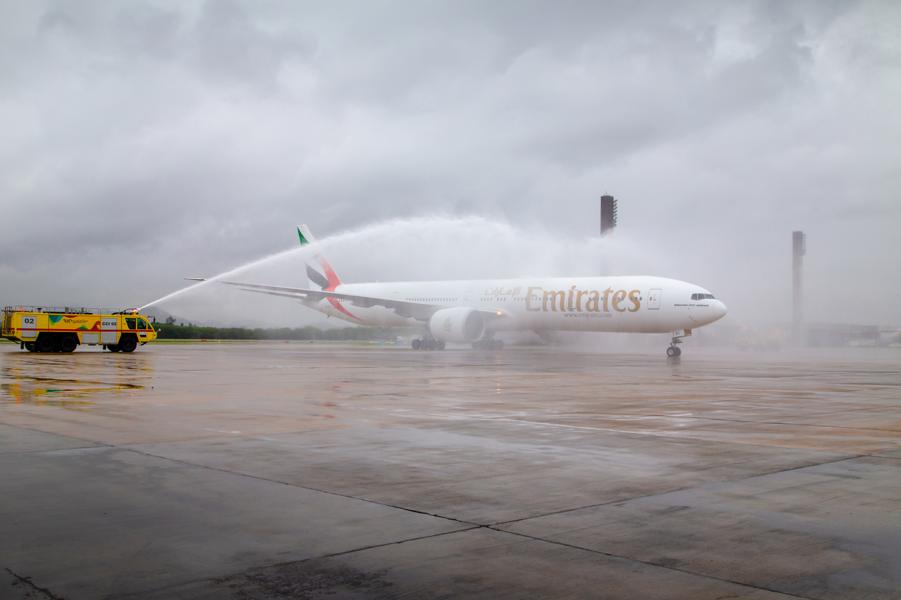 An Emirates aircraft receives a water cannon salute in Rio de Janeiro.