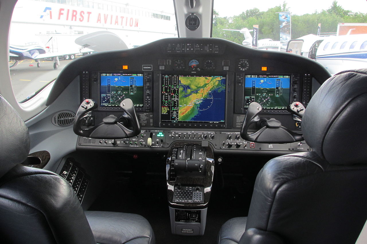 The cockpit of a Cessna Citation private jet.