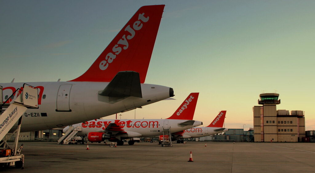 A line of easyJet Airbus A319's at Liverpool Airport.