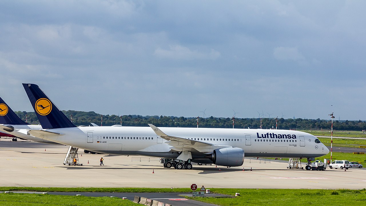Two Lufthansa Airbus A350s parked at Dusseldorf airport