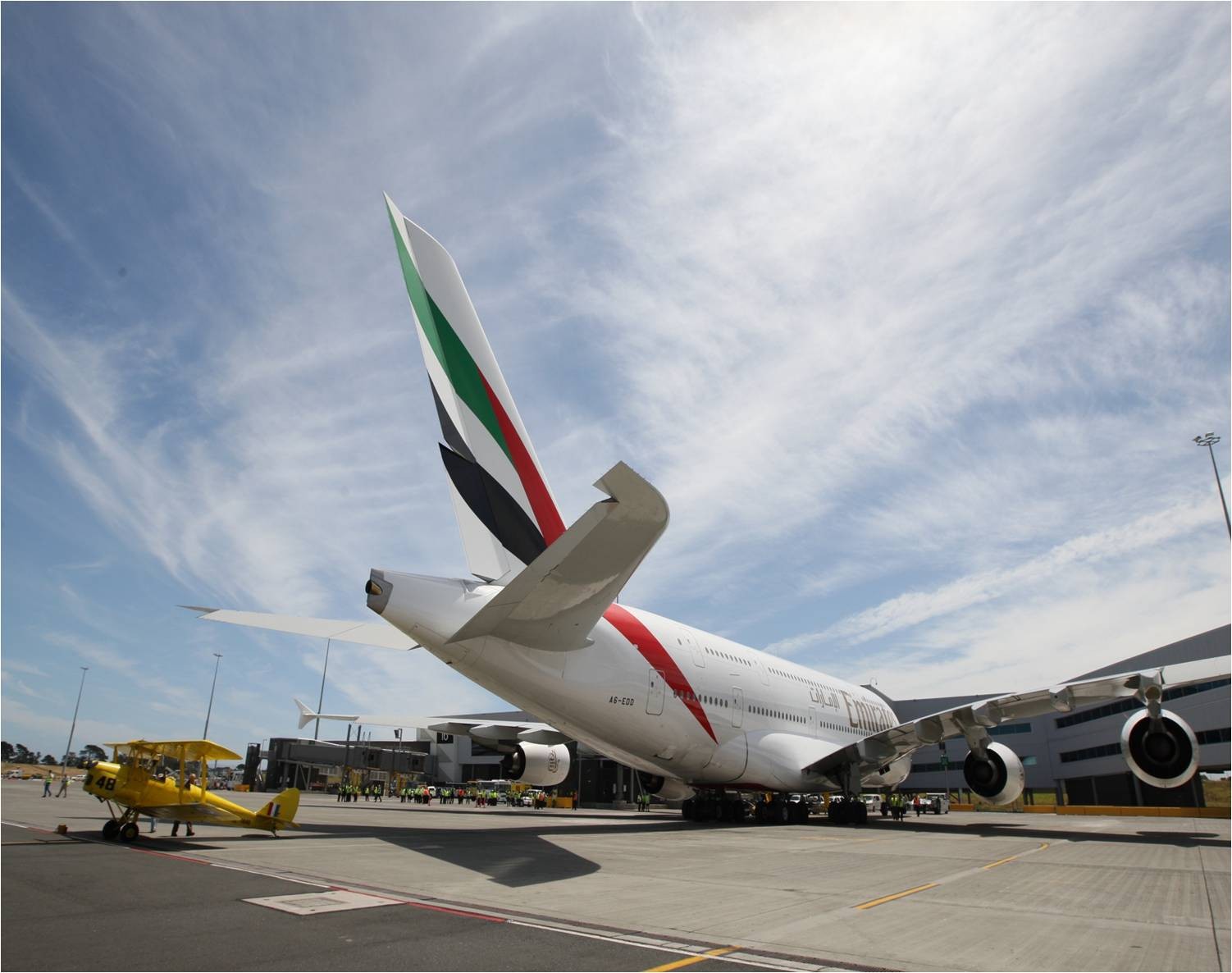 An Emirates Airbus A380 parked at Auckland airport