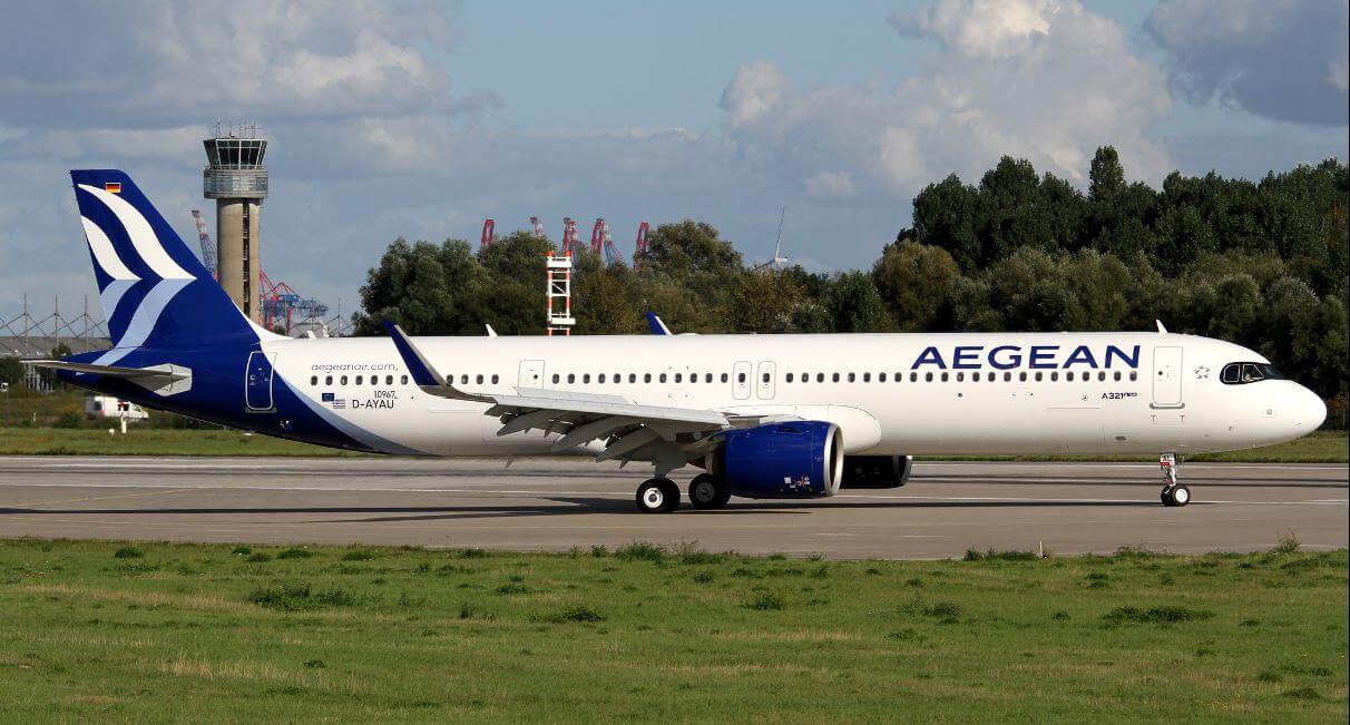 A new Aegean Airlines Airbus A321neo holds on the runway.