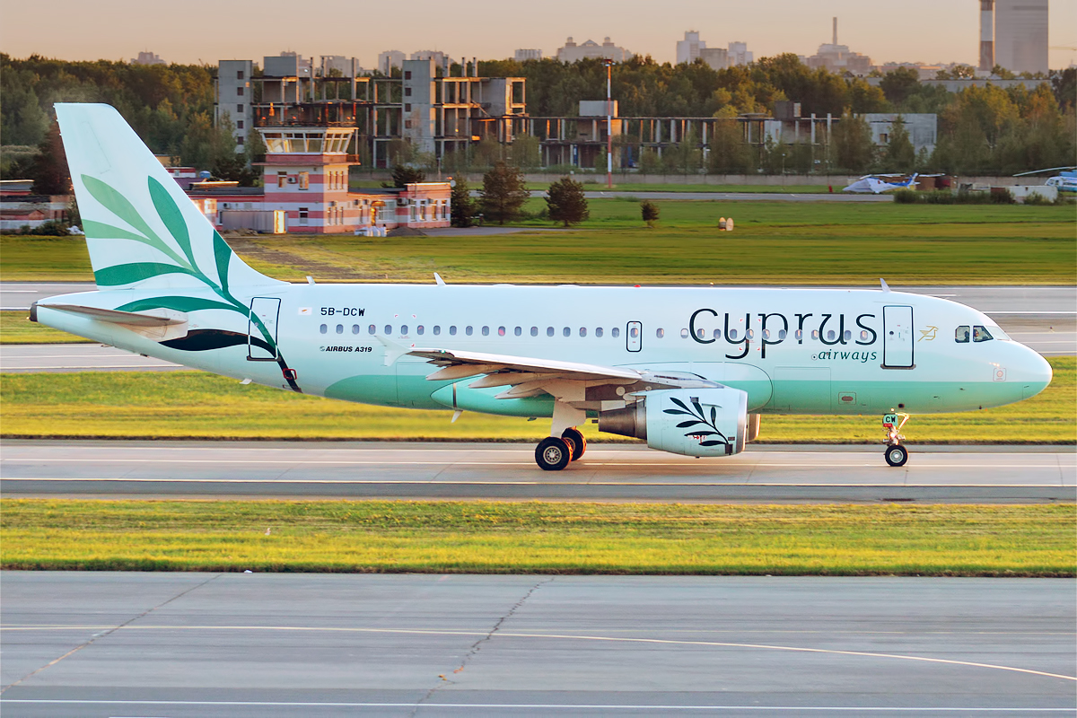 A Cyprus Airways Airbus A319 on the runway.