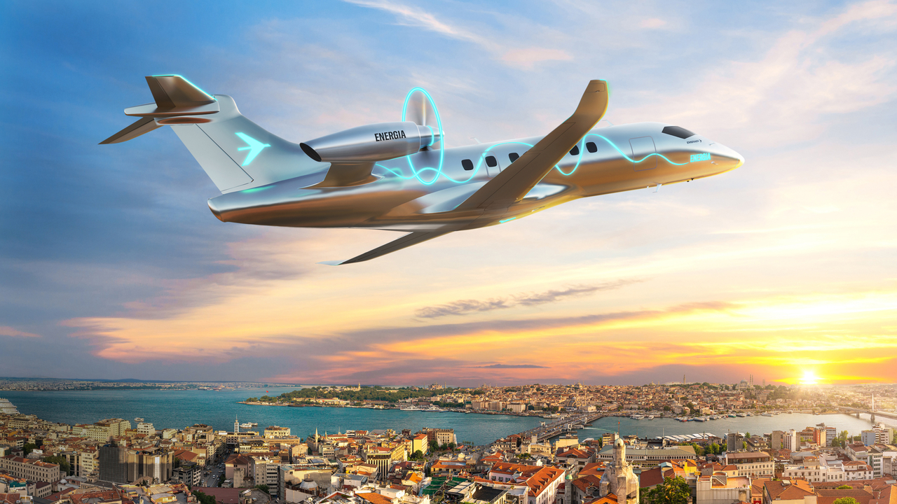 Render of the proposed electric powered Embraer aircraft in flight.