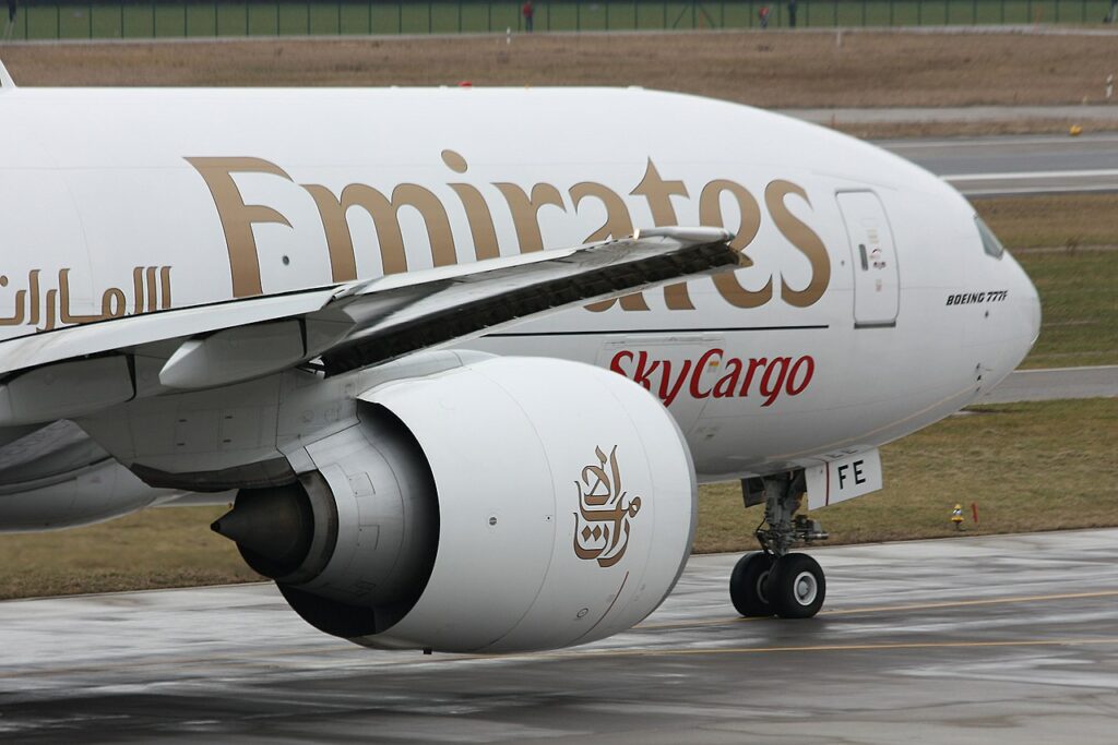 An Emirates SkyCargo freighter on the taxiway