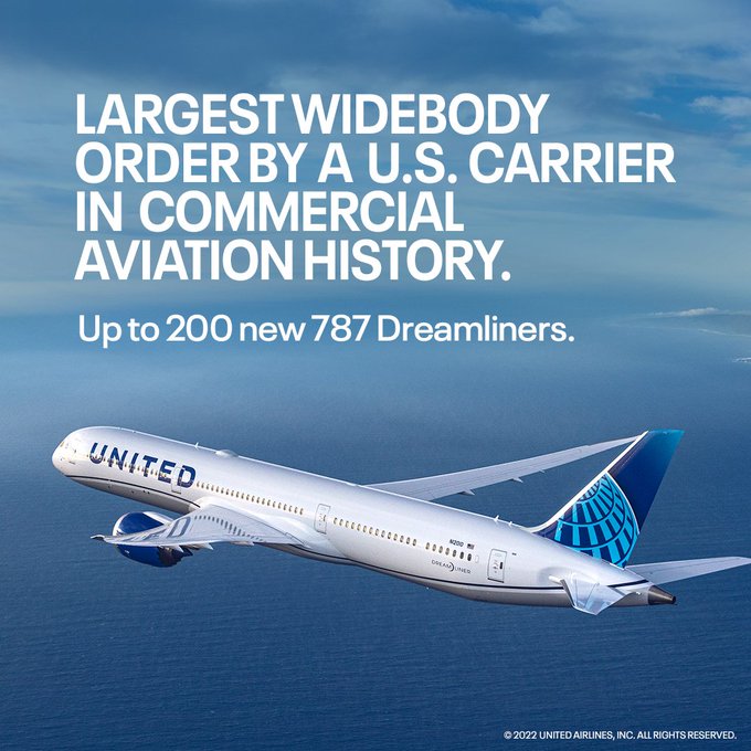 A United Airlines promo announcement of the historic purchase of 200 Boeing 787 Dreamliners.